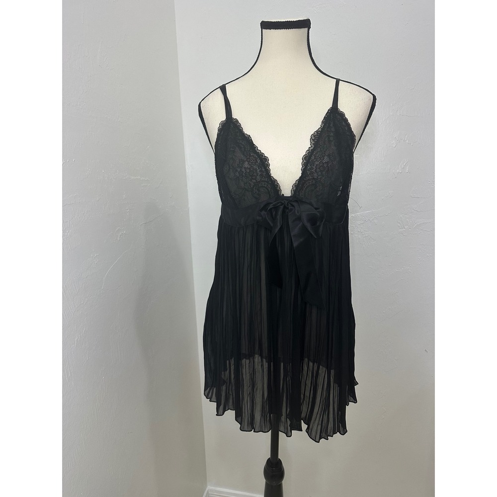 Victoria's Secret Black Lace Pleated Babydoll Chemise XL Satin Bow Lingerie